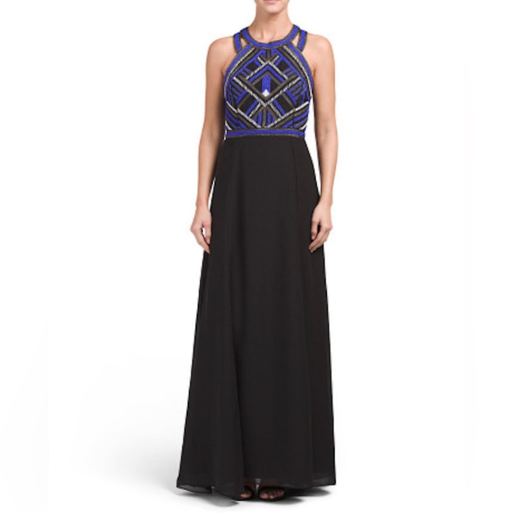 Parker Blue and Gold Graphic Fitted Prom Dress Size 6